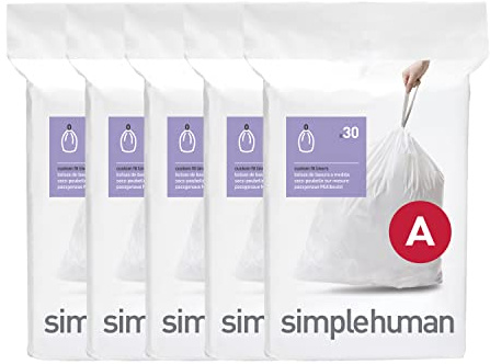 simplehuman Code A 150 Count, Dispenser Pack Custom Fit Liners, Drawstring Trash Bags, 4.5 Liter / 1.2 Gallon, White