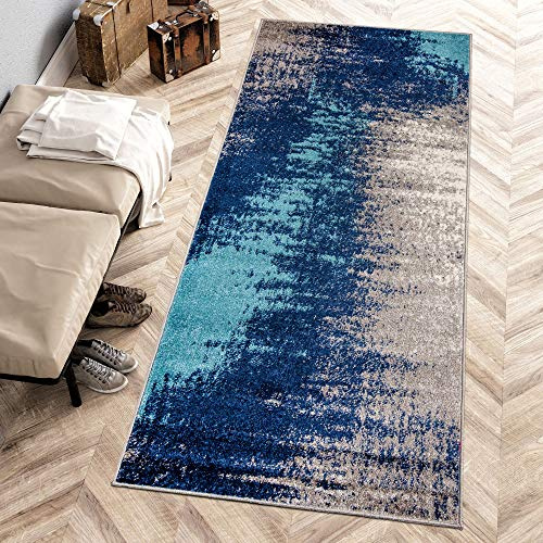 Carpeto Teppich Wohnzimmer 70x250cm Anthrazit Blau Abstrakt Weich Kurzflor | Teppich für Schlafzimmer Esszimmer Büro Pflegeleicht Fußbodenheizungsgeeignet Reinigungsmittelbeständig Synthetisch Modern
