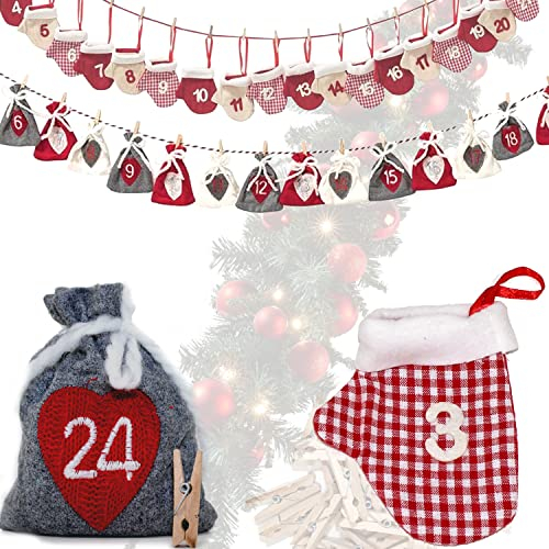ADVENT KALENDER ZUM BEFÜLLEN Kinder Männer Beauty Beutel Tüten Säckchen extra groß 10x12 Stoff Holz- Klammern (Säckchen)