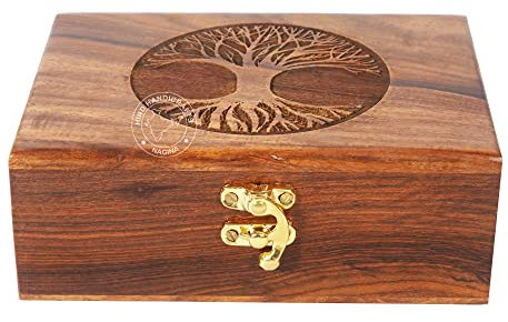 Hind Handicrafts Handmade Rosewood Urn Box | Tree of Life Engraved Wooden Jewelry Organizer | Hand-Carved Decorative Keepsake Gift for Men & Women