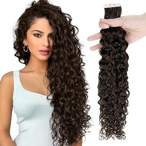 RUNATURE Tape Extensions Echthaar Locken Braun 55cm Tape in Extensions Echthaar Lockig Dunkelbraun 50g Extensions Locken Echthaar Tapes 20 Stück Haarverlängerung #2NW