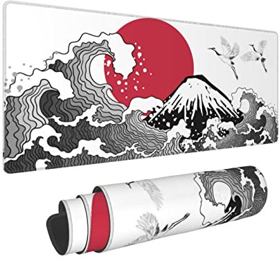 Japanisches rotes und schwarzes Kanagawa Wave Sun Mount Fuji Krane Gaming Tastatur Mauspad Mauspad Riesiges Extended XL Gummisohle für Home Office (80 x 30 cm)