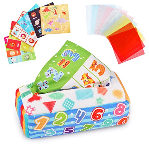 Vicloon Giochi Montessori 6 Mesi Scatola di Fazzoletti per Neonati, 27PZ Scatola Interattiva in Tessuto con 6 Carta a Sonagli e 20 Sciarpe di Seta Colorate, Giocattoli Sensoriali per Bambini