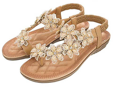 Damen Riemchen Flache Sandalen Sommer Bohemia Vintage Blume Clip Toe Ring Flip Flops Gladiator flachen Boden Sandalen Strand Schuhe,Apricot,37 EU