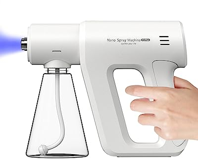 Pistola Eléctrica Desinfectante, Spray Alcohol, Atomizador Nano Nebulización, Máquina de Niebla, Uso Interior/Exterior, Blanco, Pulverizador Vapor Nano ULV Recargable con luz Azul-Atomize