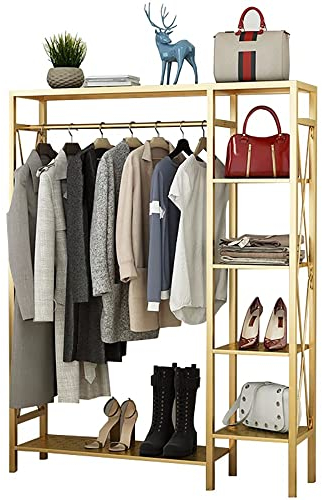 Metall Kleiderständer, Multifunktional Schwerlast Garderobenständer mit 4 Ebenen und Kleiderstange, Offener Kleiderschrank, Storage Shelf, Rahmen aus Metall, Gold(90/120/150cm)