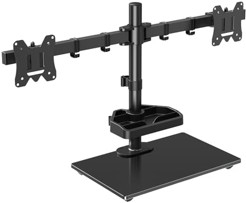 ELIVED Dual Monitor Stand for Desk with Tempered Glass Base & Storage Tray, Freestanding Monitor Arm for Most 13-27Inch Monitors with VESA 75/100mm up to 8KG, Rotate & Height Adjustable Monitor Mount