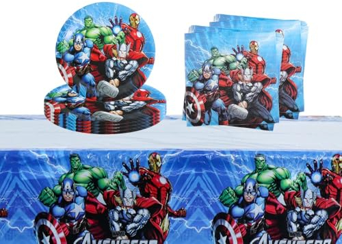 DecPtyTa Ensemble D'anniversaire Vaisselle Anniversaire avengers Decoration Anniversaire avengers Assiettes Serviettes Nappe Peut accueillir 20 personnes (D)