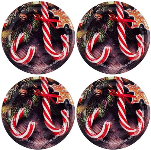 My-goodbuy24 Weihnachtsteller aus Metall - 4 Stück - Weihnachts- oder Nikolaus-Teller mit verschiedenen Motiven für Kekse, Stollen, Gebäck und Süßes, Ø 26,4 cm - Set Zuckerstangen