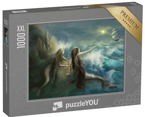 Puzzle 1000 Teile XXL „Zwei Meerjungfrauen in den Felsen eines stürmischen Ozeans“ – aus der Puzzle-Kollektion Meerjungfrau