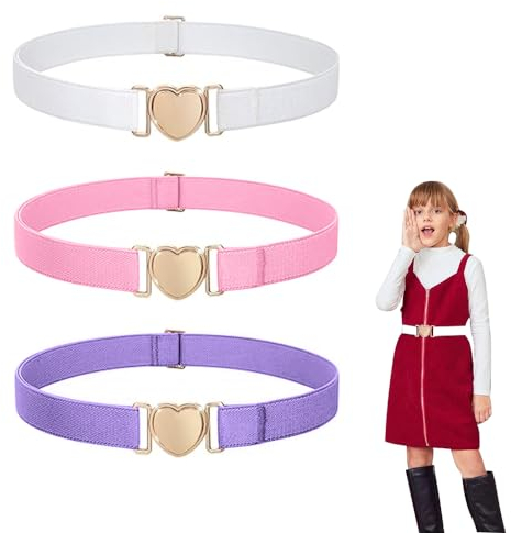 HXSYKJDM 3Pack Kids Belts, Girls Elastic Belts, Adjustable Stretch Belts with Heart Buckle for Jeans Pants Dresses