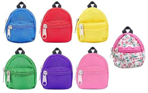 Kellegour 7 Stück Mini-Rucksäcke,Mini Rucksack Modell Dekorative Rucksack,Puppenrucksäcke,Niedliche Reißverschluss-Puppen-Rucksäcke,für Brieftasche,Schlüsselanhänger,Puppenhaus Dekoration(7 Farben)