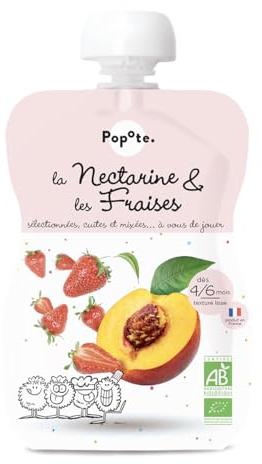 POPOTE - Purée de Nectarines Fraise BIO texture lisse dès 4/6 mois - Pack de 10 gourdes x 120g