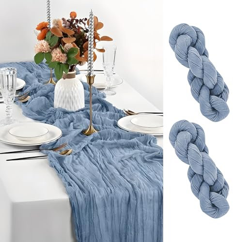 YAOYIN Tischläufer Blau, 2 Stück Modern Boho Landhausstil Käsetuch Tischläufer Blau, Rustikaler Gaze Stoff Cheesecloth Musselin Tischläufer Für Hochzeitsdeko, Geburtstag Tischdeko(90x300cm)