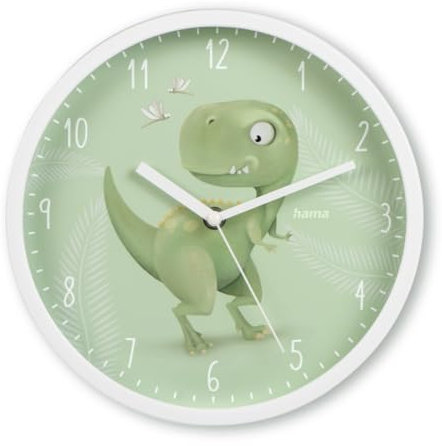Hama Kinder Wanduhr Cebu (ohne Tickgeräusche, analoge Quarzuhr geräuscharm, Ø 25cm, Dinosaurier Motiv, für Kinderzimmer, Dinouhr, mit Stunden-, Minuten- und Sekundenzeiger, inkl. Batterie)