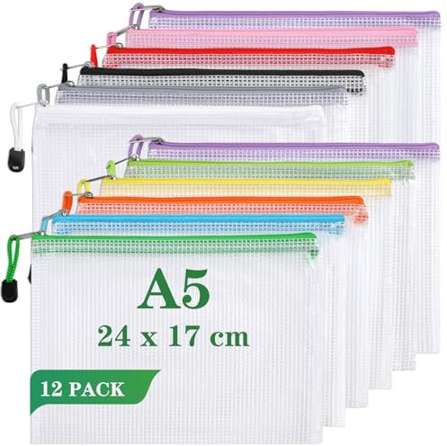 Plastic Wallets A5 Zip Wallets Zip Lock Bags Plastic Mesh Document Folder for Toys Puzzle Document Travel Storage 12Pcs