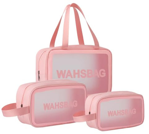 Namenand Beauty case Trasparente, 3 Pezzi Borse da Toilette Viaggio Impermeabile per Donna Uomo, Borse per Cosmetici con Zip, Cosmetici Trucco Portatile per Bagno, Piscina, Viaggio, Aereo - Rosa