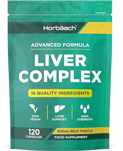 Liver Complex con Cardo Mariano, Cúrcuma, Alcachofa, Diente de León, Colina, Zinc y más | Suplemento Hepático | 80% Silimarina | 16 nutrientes | 120 Cápsulas Veganas | Horbaach