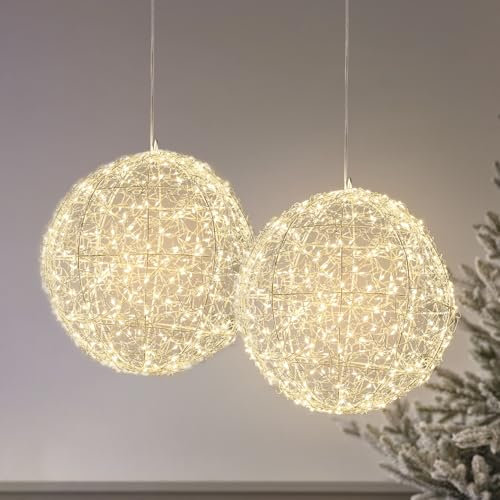 Lights4fun 2er Set LED Kugel Licht 28cm Timer warmweiß Kugel Beleuchtet Außen Dimmbar LED Ball Outdoor Weihnachtsdeko Aussen Stern