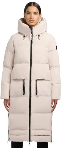 khujo Damen Wintermantel Warmer Steppmantel lang mit hohen Gehschlitzen und Kapuze Aroma-YM Cotton Cream Gr. M