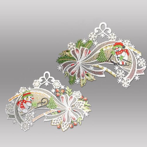 atelier alles-Spitze Winterliches 2er Set Fensterbilder Schneemann und Schneefrau im Schweif | Eine zauberhafte Fensterdekoration aus farbiger Luftpitze inkl. Saugnapf | BxH je 22 x 16 cm