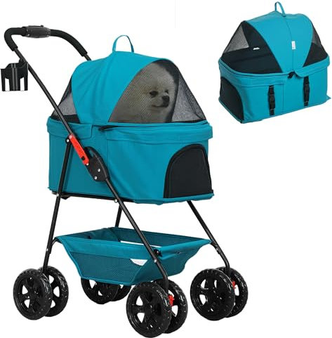 PawHut Hundewagen 3 in 1 Hundebuggy klappbar für Hunde & Katzen bis 4 kg Katzenbuggy mit Kissen Netzfenstern Getränkehalter Aufbewahrungskorb Katzenwagen Buggy Türkis