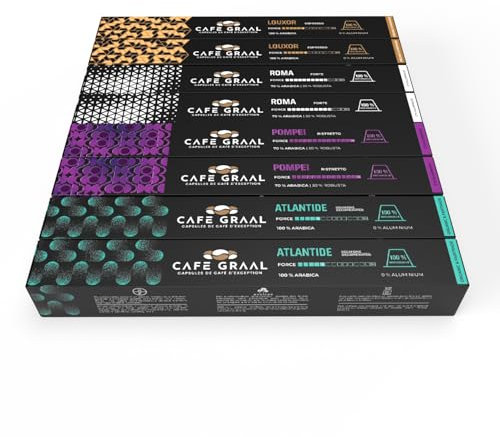 Cafegraal – Coffret de 80 Capsules Compatibles avec Nespresso | 4 Cafés Gourmands (dont déca) aux Arômes Intenses | Compostables, Biodégradables | Torréfaction Artisanale | Sans Aluminium