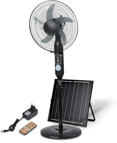 Groupe DDC Ventilateur Solaire Silencieux Sur Pied 125 cm - 3 Vitesses - Recharge Solaire et Secteur - Autonomie 10h - Oscillant avec Télécommande - Ventilo Extérieur Intérieur Faible Consommation