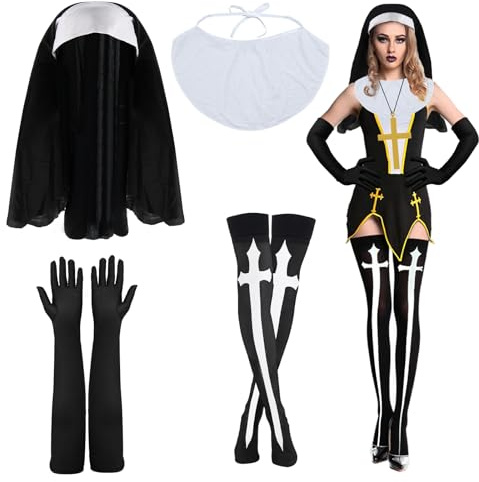 HUYUE Nonnen Kostüm Frauen Nonnenkostüm Damen Nonne Outfit Zubehör Nonnen Handschuhe Stirnband Kragen Kreuz Socken für Karneval Halloween Cosplay Nonnen