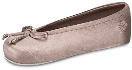 isotoner Women's Classic Stretch Satin Ballerina Slippers with Bow Tie and Leather Sole, Deep Taupe, LG