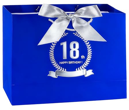 Tookala Blau Papier Geschenktüte 18. Geburtstag Junge Mädchen, Geschenktasche mit Seidenband, 32 x 25 x 11 cm Geschenktüte mit Karte & Perlgaze, Happy 18th Birthday Geschenktasche