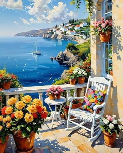 Paint by Numbers for Adults, Coastal Balcony Painting Kits, 16 x 20 Inch | DIY Acrylic Painting Craft for Beginners, Relaxing Stress Relief Craft, Coastal Wall Decor, Home Decor, Gift Idea