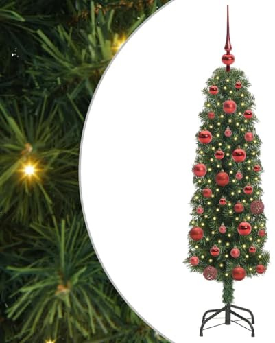 vidaXL Artificial Christmas Tree with 150 LEDs with Stand Green 150 cm, Living Room Decor, Modern Cone-Shaped, Slim Artificial Christmas Tree, LED Lighted, Space-Saving Holiday Centerpiece