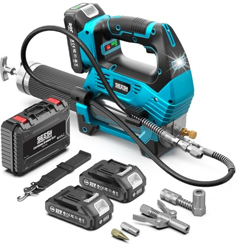 Seesii 12.000PSI Ingrassatore a Batteria con 2 Batterie (compatibili Anche con batterie Makita da 18 V), 3 velocità, Motore Brushless, 3 Testina Ingrassatore, Tubo da 1m, per Attrezzature Pesanti