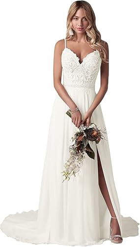HAIBFJIN Abito da sposa da donna con pizzo, lungo, bohémien, spiaggia, con fessura, elegante linea ad A, abito da sposa, Avorio-d, 40