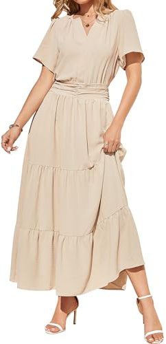 Damen Kurzarm Sommerkleid mit V-Ausschnitt & Gummibund, leichtes A-Linie Freizeitkleid für Reise & Strand
