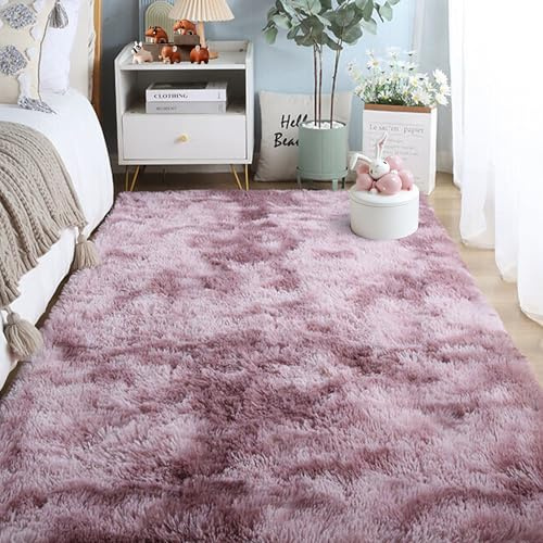 LISANSAN Flauschiger Hochflor Teppich 120 x 180 cm Flauschiger Hochflor Wohnzimmerteppiche Moderner Kuscheliger für Schlafzimmer Kinderzimmer Lounge, Pink Lila