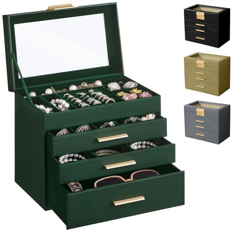 CeiBand Schmuckkästchen für Damen, Groß Schmuckbox mit 4 Ebenen(DunkelGrün) | Schmuckkästchen Schmuckständer Aufbewahrungsbox für Ringe, Ohrringe, Halsketten, Schmuckaufbewahrung, Geschenke für Damen