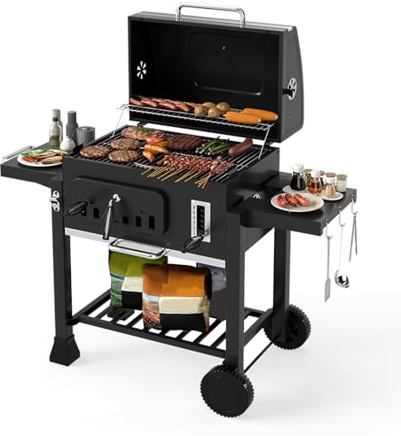 TANGZON Large Charcoal BBQ Grill, Portable Garden Barbecue Smoker | 2 Foldable Side Tables, 6-Level Charcoal Tray, Warming Rack, Wheels, Thermometer, Hooks, Bottle Opener