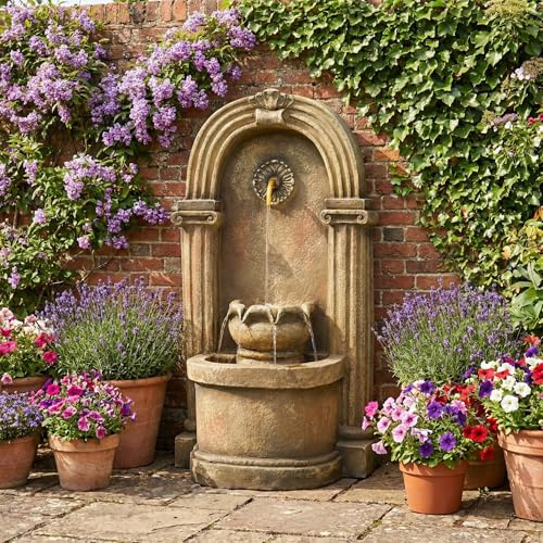 Jaxenor Gartenbrunnen, Zierbrunnen mit LED-Beleuchtung, Ca.50X32X90cm, Antik-Stil Garten Springbrunnen mit Wasserhahn und Becken, Standbrunnen für Garten, Gartenteich, Terrasse und Balkon, Braun