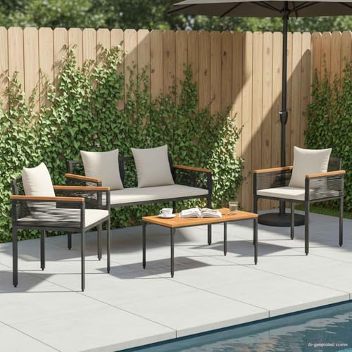 mzdioop Gartenmöbel Set Poly-Rattan mit Kissen Schwarz Cremeweiß, 3-teiliges Lounge Sitzgruppe für Terrasse Balkon, wetterfestes Outdoor Essgruppe mit Tisch Stuhl Sessel Bank für Garten Veranda