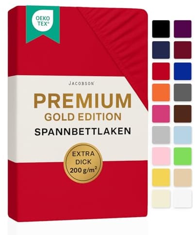 Jacobson Premium Spannbettlaken 200 g/m² Jersey Baumwolle mit Elasthan (140x200-160x200 cm, Rot)