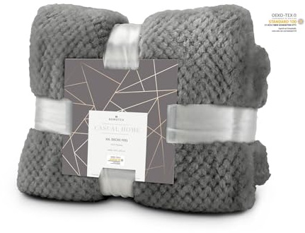 Römer Wellness XXL Decke Feel Grau, extra große Kuscheldecke auch für Paare: 220 x 240 cm, 275 g/m², weich, warm, flauschig, ganzjährig als Wohndecke, mit Satinband verpackt