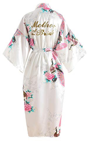 YAOMEI Damen Braut Brautjungfer Morgenmantel Kimono Satin Nachtwäsche Bademantel Robe Funkeln Pfau Morgenmantel Negligee Schlafanzug (Brustbreite: 126cm, Weiß-Mother of Bride)