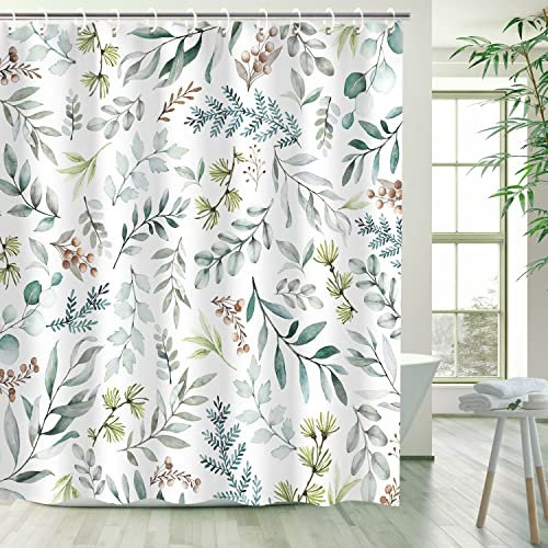 Grüne Blätter Duschvorhang, Duschvorhang-Set mit 12 Haken, wasserdichter Duschvorhang, Dekor Aquarell grüne Blätter braune Beere, 72 x 72 cm (grün, 72 x 72 cm)