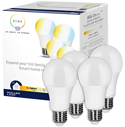 tint 4er-Set Smarte LED-Birnen E27 – Steuerbar per Alexa oder Fernbedienung – Dimmbare E27 Glühbirnen mit weißem Licht (2700-6500 K), 9 W
