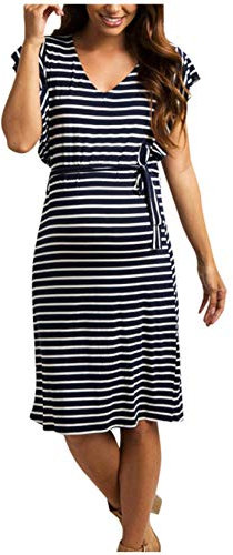 Vuncio Robe de grossesse pour femme - Rayures - Décontractée - Grande taille - Manches courtes - Robe d'allaitement - Maxi - Manches 3/4 - Avec ceinture, Noir , L