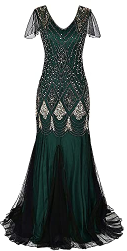 Feynman Damen 1920er Jahre Abendkleid V-Ausschnitt Pailletten Perlen Fransen Kleid, Retro Lange Glitzer Party Kleider Sexy Langarm Maxikleid Elegant Cocktailkleider Party Hochzeit