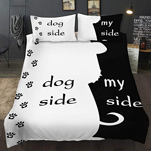 NFDF Dog Side My Side Bettwäsche,Paar Bettwäsche Set Schwarz Weiß,Bettwäscheset für Sie und Ihn,Polyester, Hundeseite, Doppelbett (Dog Side My Side,135 x 200 cm)