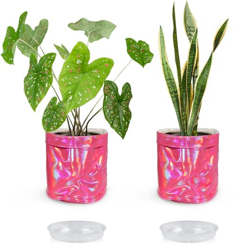 Urban Jaga 2 Pack Decorative Planter Basket with 2 Plant Saucer - Indoor - Planter Pot Covers - Flowerpot - Modern Storage Organizer - Home Décor - Neon Pink